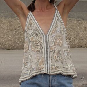 Free People Cream & Silver Beaded Top